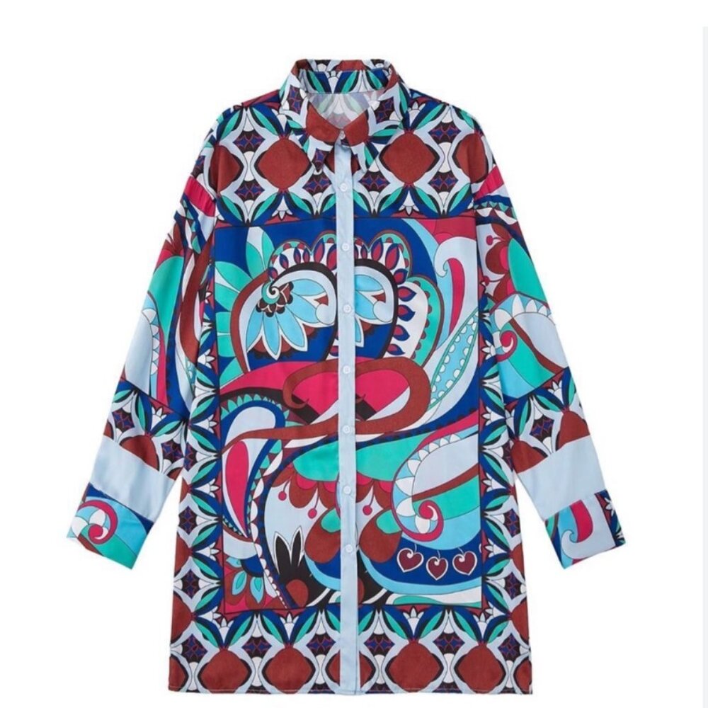 NWOT ZARA MULTICOLOR GEOMETRIC PRINT SILKY TUNIC TOP BLOGGERS FAV - Picture 3 of 8